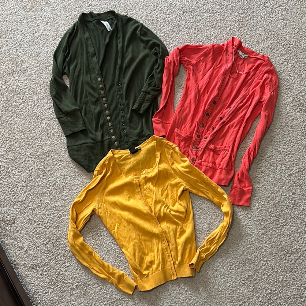 Set of Three Button-Up Cardigans in Green, coral, and Yellow